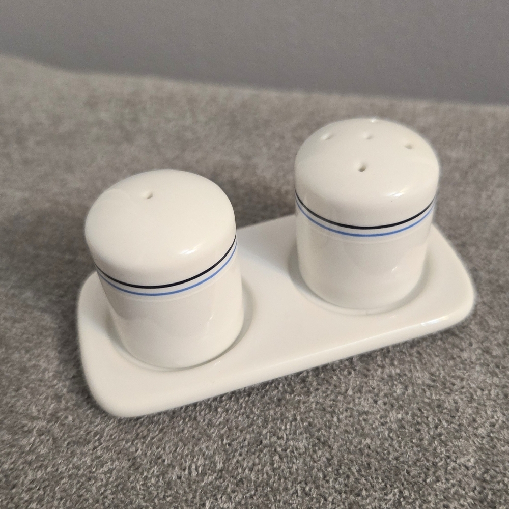 Vtg Northwest Airlines Mini Salt Pepper Set Tray Porcelain Blue Stripes